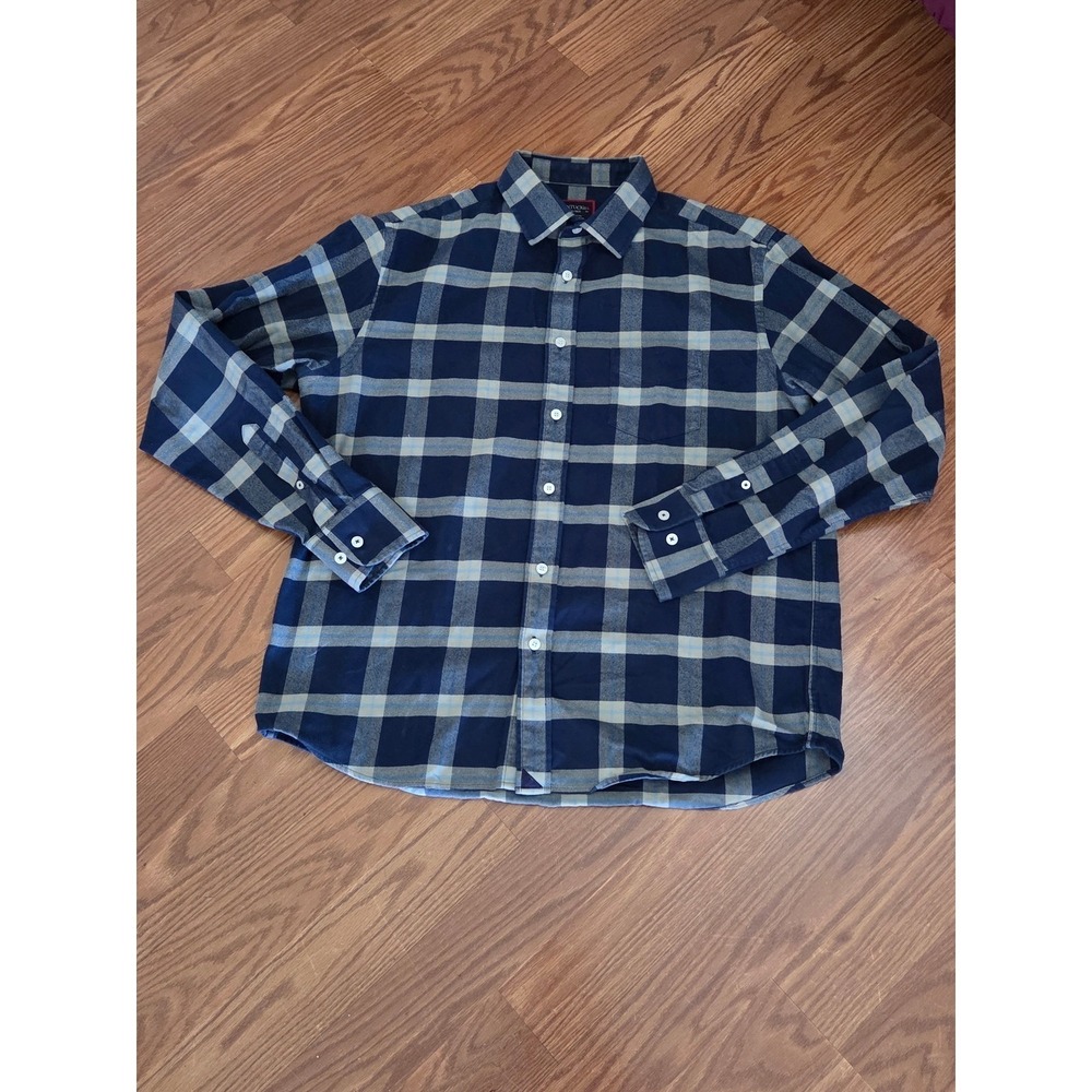 UNTUCKit Mens‎ Large Navy Blue Grey Plaid Flannel Button Down Shirt Long Sleeve